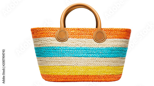 Striped woven straw tote bag with leather handles, isolated on transparent background