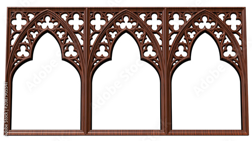 Ornate gothic architectural window frame with three arched openings, isolated on transparent background