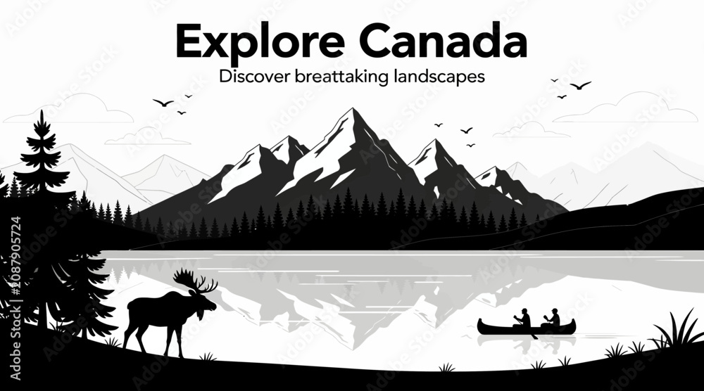 Obraz premium Explore Canada: Moose, Mountains, Lake & Canoe Adventure
