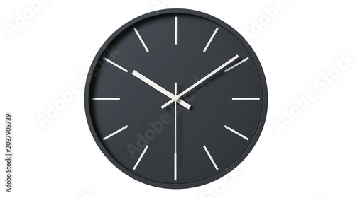 Foto Minimalist dark gray wall clock with white hour markers and hands, isolated on t