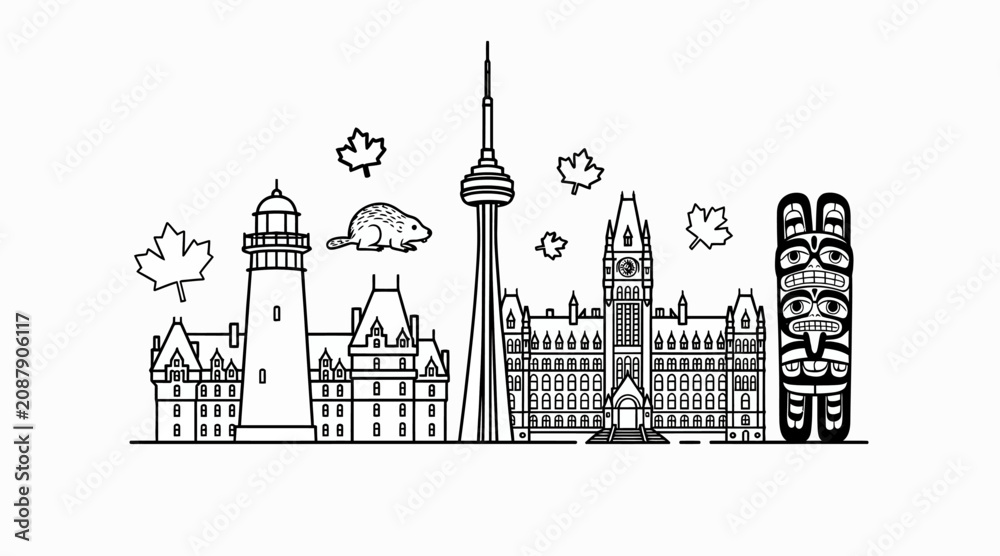 Obraz premium Canadian Skyline Silhouette: Landmarks, Maple Leaves, Beaver, Totem Pole