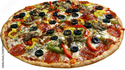 Canvastavla Whole supreme pizza with pepperoni olives peppers and mushrooms, isolated on tra