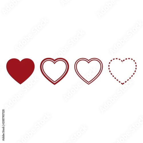 Series of hearts in different styles isolated on white background