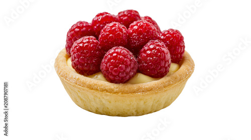 Obraz na plátně Golden pastry tart filled with cream and topped with fresh raspberries, isolated