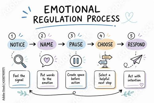 A diagram illustrates the five-step emotional regulation process: Notice, Name, Pause, Choose, and Respond.