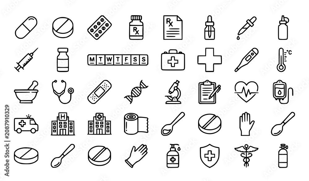 Naklejka premium Linear Medication and Pharmacy Icons Editable Stroke Healthcare Vector Set