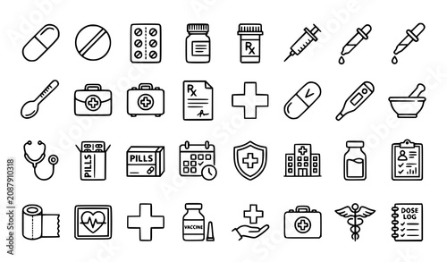 Quadro su tela Pills and Medications Outline Icon Set with Editable Stroke Medical Healthcare V