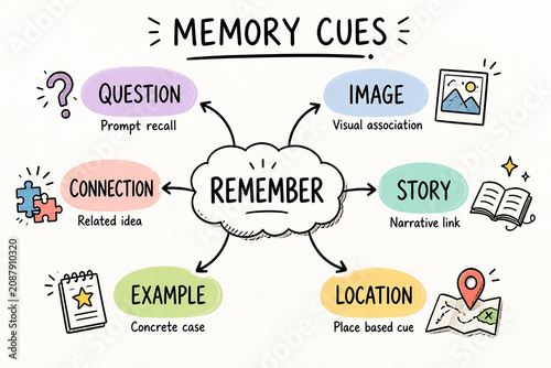 A diagram illustrates various memory cues like question, image, connection, example, story, and location surrounding the central concept of REMEMBER.