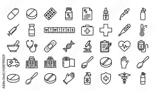 Fotografie Linear Medication and Pharmacy Icons Editable Stroke Healthcare Vector Set