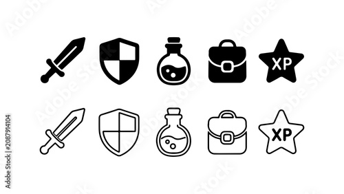 Konstfotografi RPG Game Items Icon Set in Solid Silhouette and Outline Style