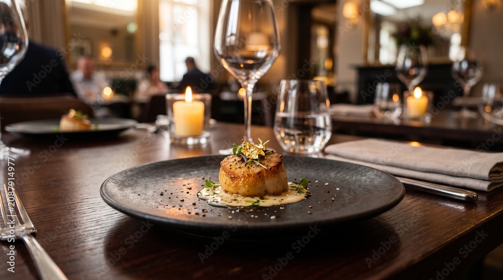 Fototapeta premium Exquisite pan-seared scallop garnished with gold leaf and microgreens on a dark plate, ideal for gourmet restaurant menus and luxury dining marketing.