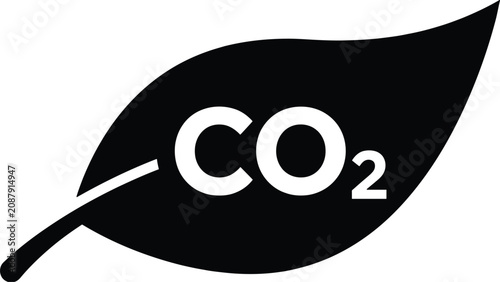 Minimalist black and white vector illustration depicting a carbon dioxide symbol inside a simple leaf shape