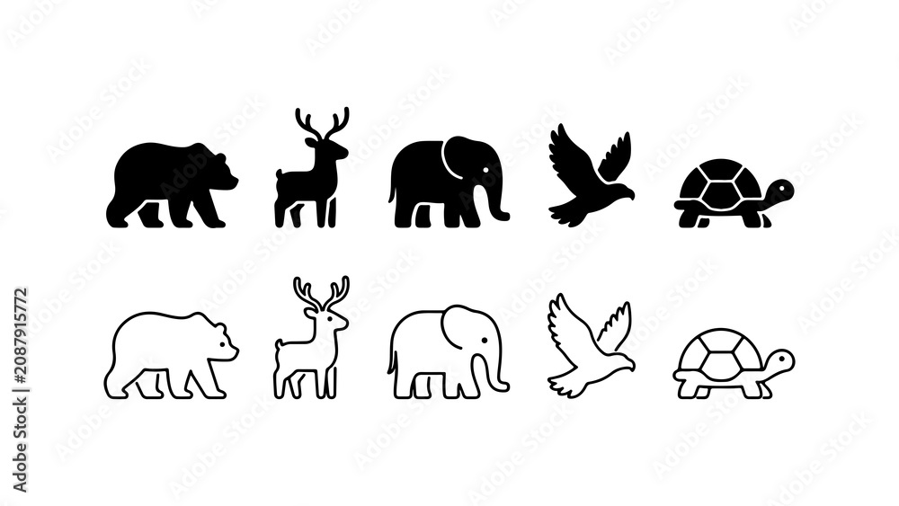 Fototapeta premium Wild Animal Icon Set in Silhouette and Line Art Style