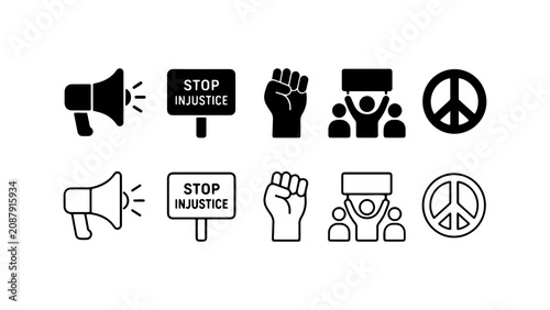 Protest and Social Activism Icon Set in Silhouette and Outline Styles