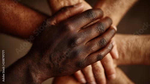Group of diverse hands with varying skin tones stacking on top of each other, symbolizing unity, collaboration, and support among different cultures and races