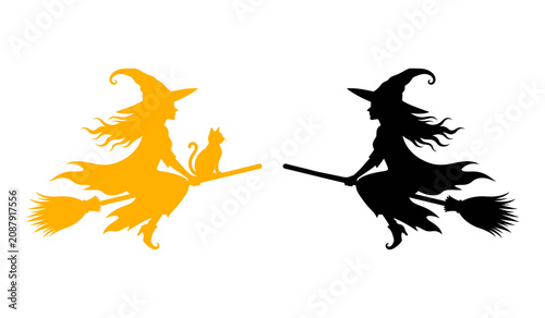 Fotografie Halloween witches on broomsticks isolated on transparent background