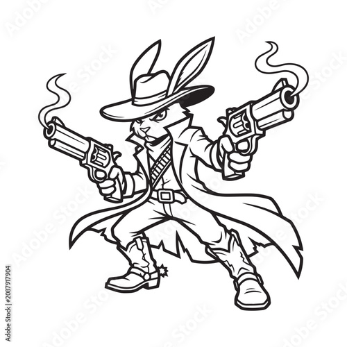 Black and white cartoon cowboy bunny rabbit holding two smoking guns vector illustration