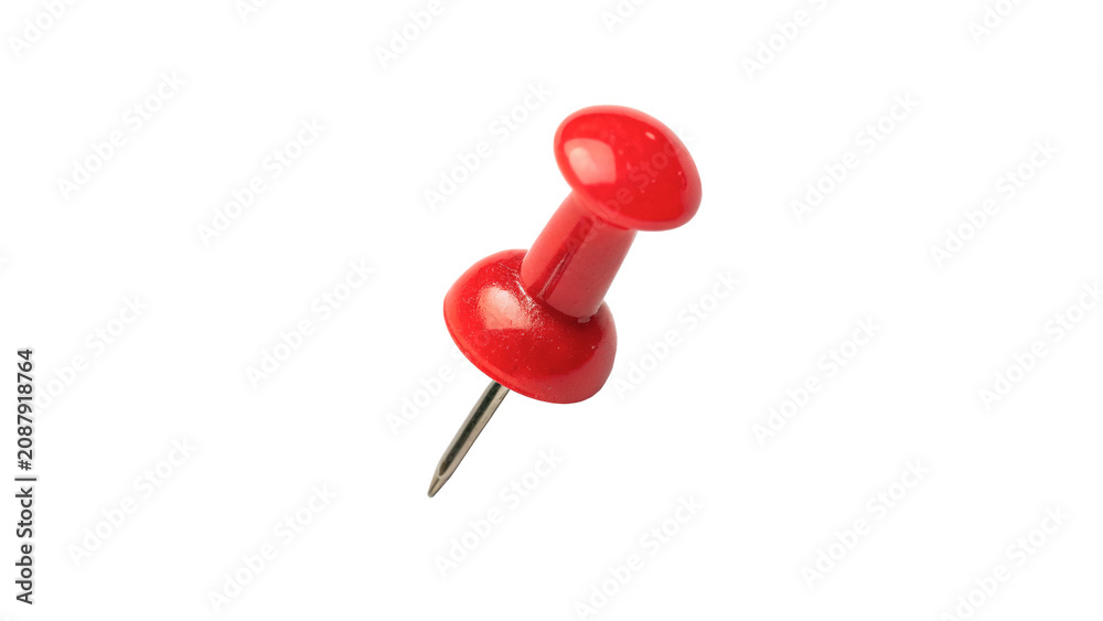 Obraz premium Red plastic push pin thumbtack office stationery isolated on transparent background