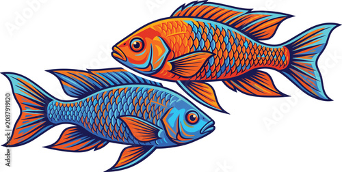 Quadro su tela Pair of African Cichlid Fish with Vibrant Blue and Orange Scales Swimming Togeth