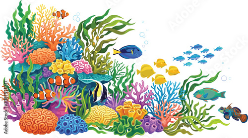 Foto Underwater Coral Reef Vector Illustration with Colorful Tropical Fish Clownfish