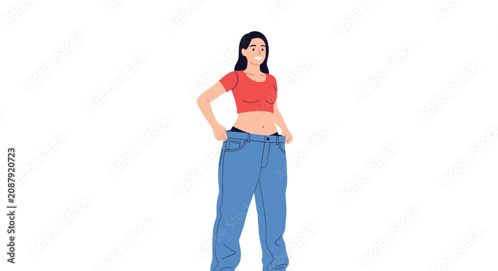 Fototapeta premium Happy young woman showing her successful weight loss progress by pulling her oversized blue jeans at waist.