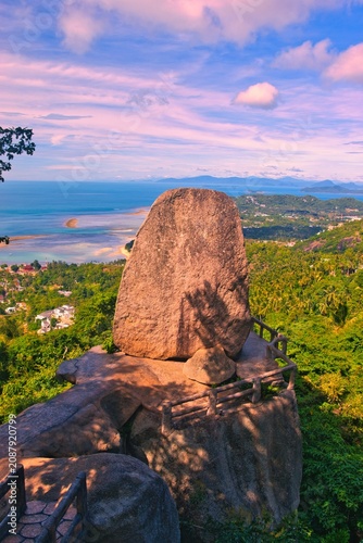 Viewpoint Overlap Stone 2, Lamai Beach, Koh Samui, Thailand. Shot From The High Point Of View on the edge of a mountain slope. Seascape Seen from  Overlap Stone is located in Samui island Thailand 