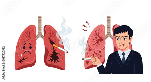 Worried businessman holding cigarette with damaged human lungs graphic showing danger of smoking and health risks.
