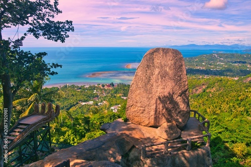 Viewpoint Overlap Stone 2, Lamai Beach, Koh Samui, Thailand. Shot From The High Point Of View on the edge of a mountain slope. Seascape Seen from  Overlap Stone is located in Samui island Thailand 