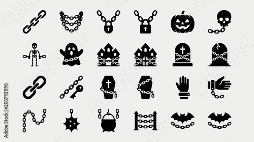 Halloween theme icon set featuring metal chains and locks halloween shackles cauldron security connection