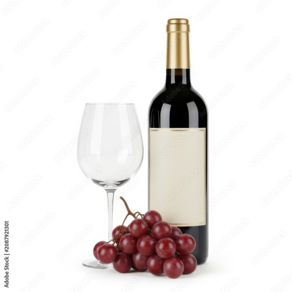 Fototapeta premium Red wine bottle with blank label and glass and grapes, beverage