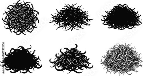 Black silhouettes of tangled noodles or messy hair piles, isolated on white, image_fd6493.png graphic design resource for illustration