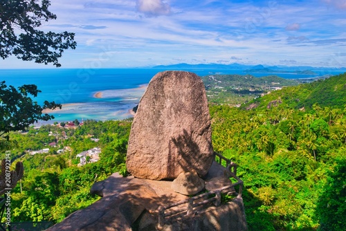 Viewpoint Overlap Stone 2, Lamai Beach, Koh Samui, Thailand. Shot From The High Point Of View on the edge of a mountain slope. Seascape Seen from  Overlap Stone is located in Samui island Thailand 
