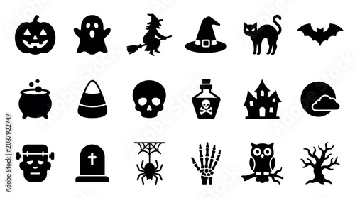 Assorted halloween icon set with pumpkins witches and monsters for seasonal event decoration and digital media