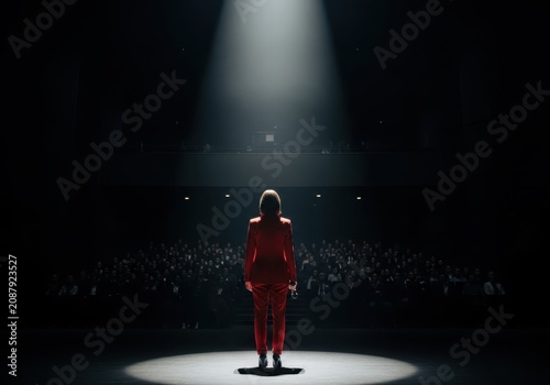 A woman in a red suit standing on a stage under a spotlight