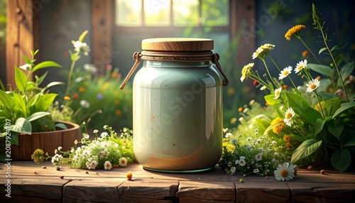 Glass bottle of olive oil with fresh green herbs and leaves.