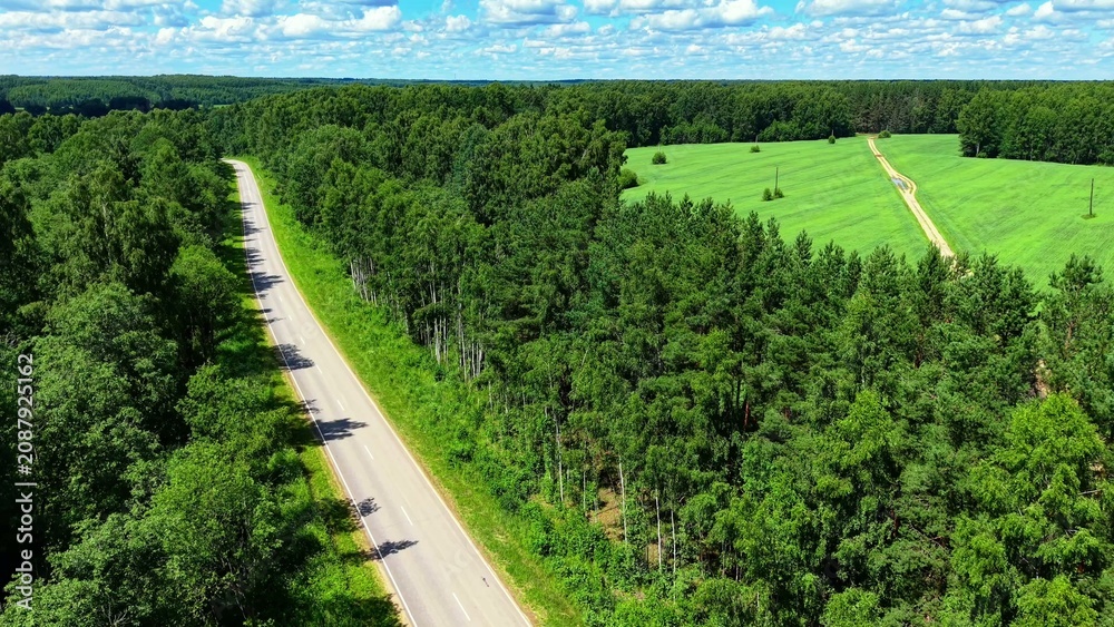Naklejka premium Aerial view of a winding asphalt road surrounded by lush green trees and fields under blue skies
