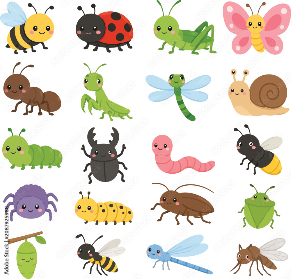 Naklejka premium Cute Insect Collection, Flat Vector Illustration Set of Insects