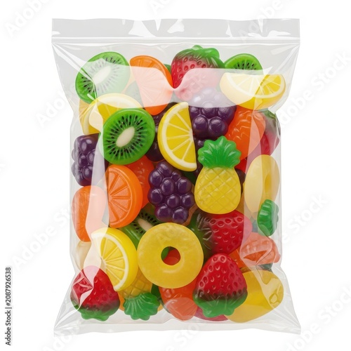 Assorted colorful fruit shaped gummy candies in a clear plastic bag