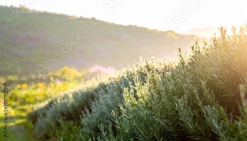 Morning mist over rural grassy field with distant buildings.