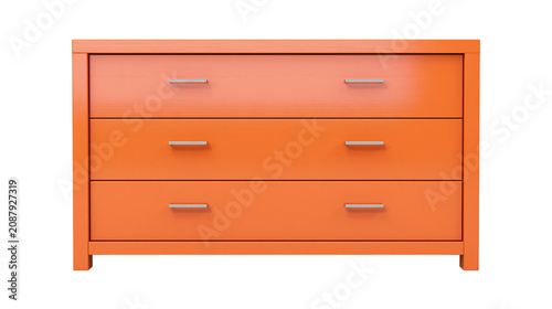 Orange three-drawer dresser with silver handles, isolated on transparent background