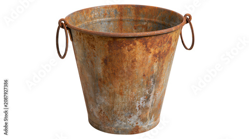 Old rusty metal bucket with wire handle, isolated on transparent background