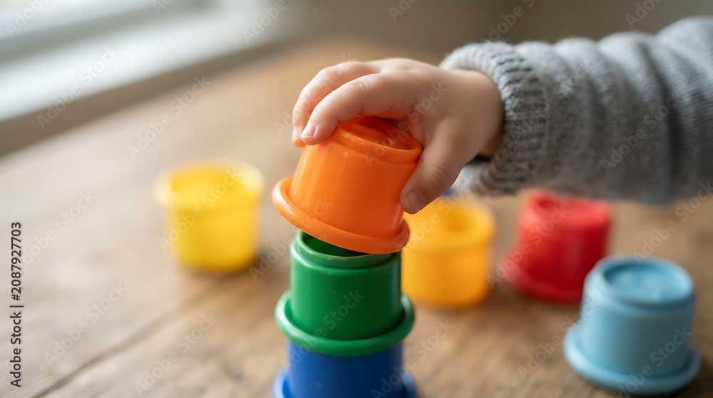 Obraz premium A toddler hand stacking colorful plastic nesting cups on a wooden table, focusing on early childhood development and playful educational activities