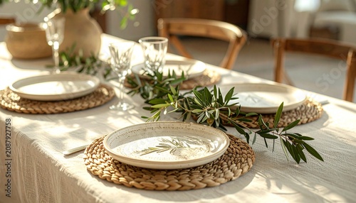 Elegant table setting with fresh herbs and white plates.