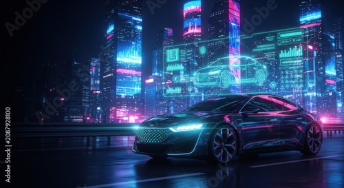 Autonomous vehicle EV with digital twin visualization with copy space neon lighting data driven city background