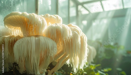 Close-up of a single white mushroom growing in natural light.