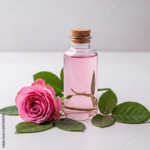 Pink rose essential oil in glass bottle with fresh petals, fragrance