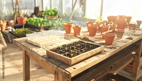 Rustic wooden table with fresh vegetables and herbs display.
