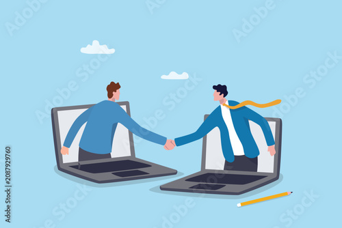 Handshake agreement for business partnership or remote job interview, online negotiation or client deal collaboration virtual meeting, businessman partner from computer laptop handshaking teamwork.