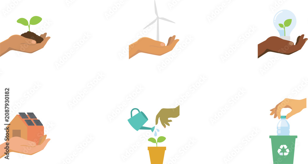 Fototapeta premium Ecology and Green Energy Icon Set Featuring Hands Holding Plant Wind Turbine Solar House Bulb and Recycling Bottle Elements Vector Illustrations