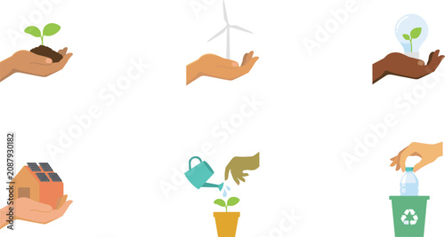 Ecology and Green Energy Icon Set Featuring Hands Holding Plant Wind Turbine Solar House Bulb and Recycling Bottle Elements Vector Illustrations